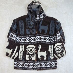 Vintage Tejidos Ruminahui Wool Hooded Cardigan Llama Aztec Alpaca Print Sz.L